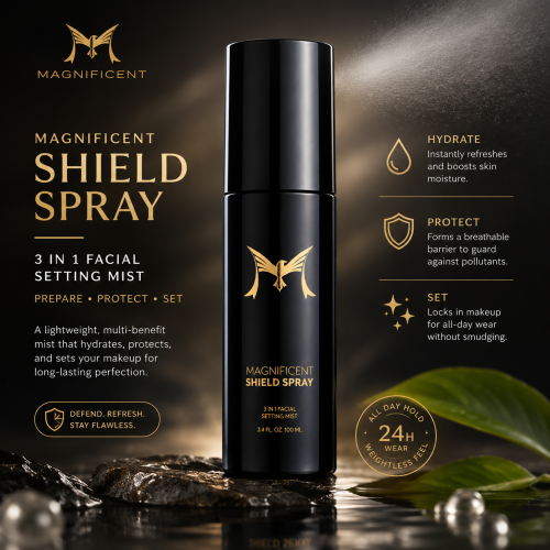"EN: Magnificent shield spray setting mist for makeup hold, hydration, and protective skin barrier CN: 定妆喷雾，锁妆同时保湿护肤 BM: Spray untuk mengunci solekan, melembapkan dan melindungi kulit"