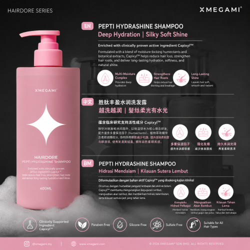 HAIRDORE Pepti HydraShine Shampoo 400ml with Capixyl™ for deep hydration, stronger hair roots, reduced hair breakage, and silky soft shiny hair.